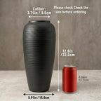 12.6" Large Matte Black Ceramic Vase, Modern Minimalist Centerpiece | Elegant matte black ribbed clay vase. Modern minimalist centerpiece, rustic farmhouse & boho decor for mantel and shelf.
