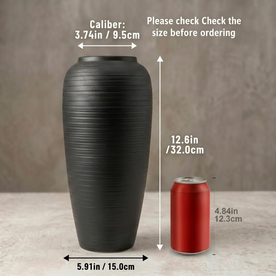 12.6" Large Matte Black Ceramic Vase, Modern Minimalist Centerpiece | Elegant matte black ribbed clay vase. Modern minimalist centerpiece, rustic farmhouse & boho decor for mantel and shelf.