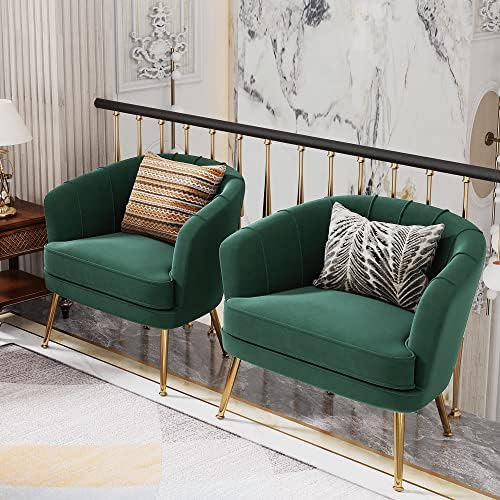 Andeworld Velvet Accent Chair, Barrel Armchair, Green | Velvet Upholstery, Go...