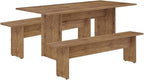 Manhattan Comfort Nomad 3 Piece Dining Set for 6 with Modern Kitchen Table and 2 Benches, Farmhouse Furniture with Rustic Wood Grain Finish, Pedestal Base, Easy Assembly, Dining Set, Nature