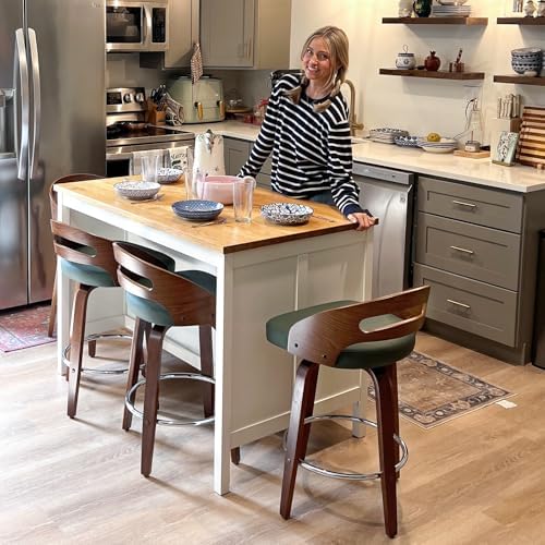 Swivel Bar Stools Set of 3, 30 inch Mid Century Bar Stools with Bentwood Curved Back, Walnut Craftsmanship, Upholstered Faux Leather, Bar Height BarStools for Bar/Cafe/Pub (Beige, 30" Seat Height)