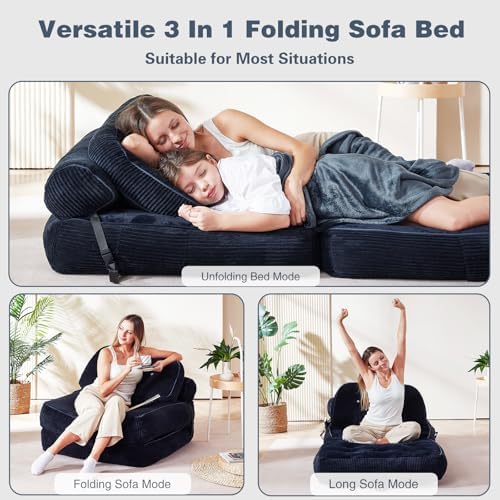 Folding Futon Sleeper Sofa Bed Chair, No Assembly, Black 3 | Dual-layer flann...