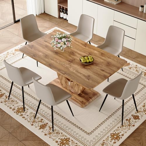 Modern Dining Table Set for 6, 63" Wood Kitchen Table with 6 PU Leather ...