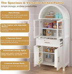 71" Tall Arched Pantry Cabinet, Farmhouse Kitchen Storage Cabinets with Adjustable Shelves & Glass Door, Drawer, Modern Display Versatile Cupboard for Kitchen Dining Room (White B)