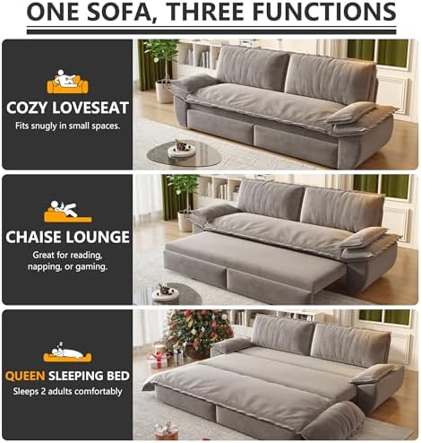 70.1" Sleeper Sofa Bed Queen Size, Pull Out Convertible Velvet Couch, Gr...