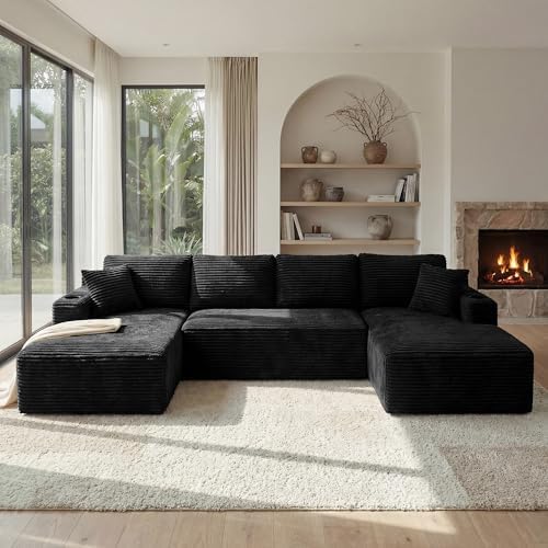 125" U-Shaped Modular Sectional Sofa, Corduroy Couch, Black