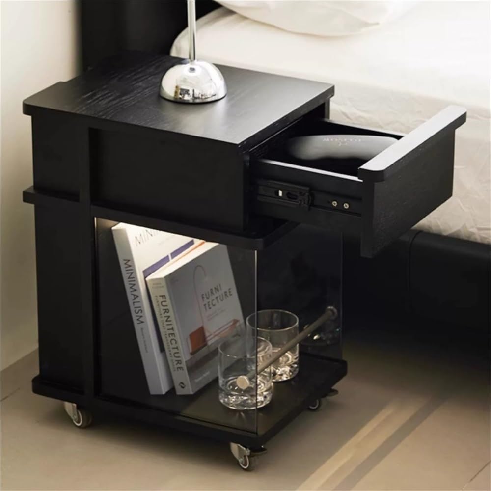 Wooden Night Stand, Minimalist Design Black Bedside Table with Open Storage, ...
