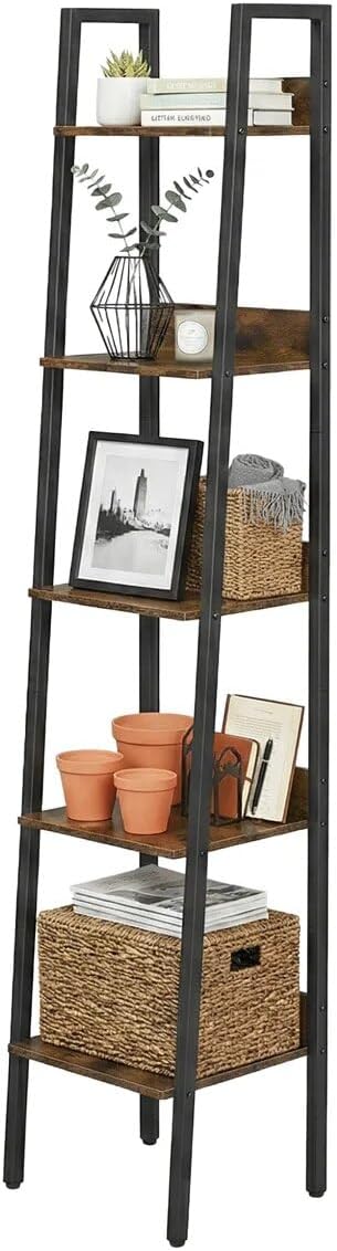 5-Tier Narrow Ladder Bookcase, Metal Frame Freestanding Storage Shelf