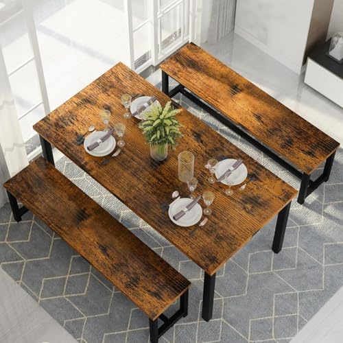 Recaceik 47" Brown Dining Table Set for 4, 3-Piece Kitchen Set