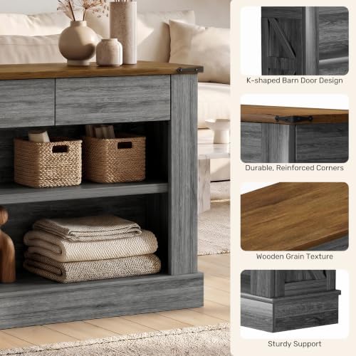 Miereirl 63" Console Table with Drawers & LED Light, Brown & Dar...