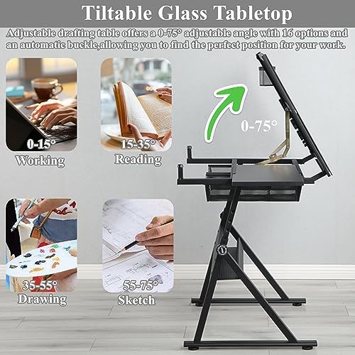 Drafting Table for Artists, Glass Drawing Table with Stool,T1-Black