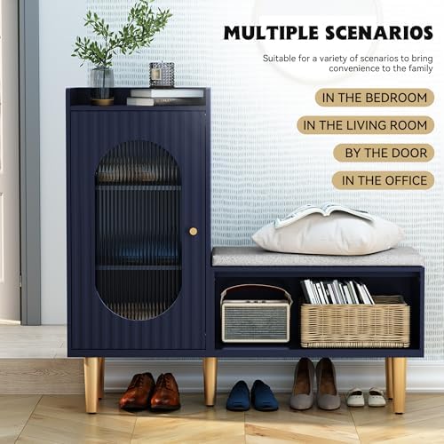HLR Shoe Storage Bench with Glass Door&Shelf, L-Shaped Shoe Cabinet, Blue...