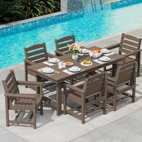 SERWALL 7 Pcs Outdoor Dining Set, 67" HDPE Dining Set for 6, Coffee