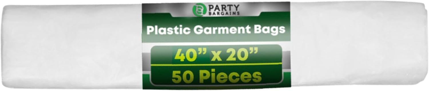 PARTY BARGAINS 40 x 20 Inch Disposable Clear Garment Bags, 50 Pack – Heavy-Duty Plastic Clothes Covers for Suits Dresses Coats, Closet & Travel