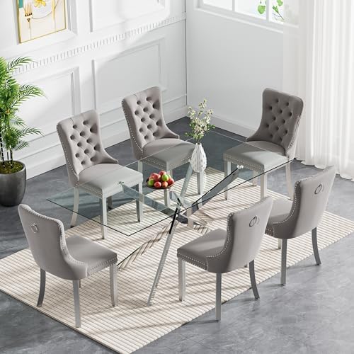 7 Piece Modern Glass Dining Table Set for 6, 60" Rectanguler Glass Kitch...