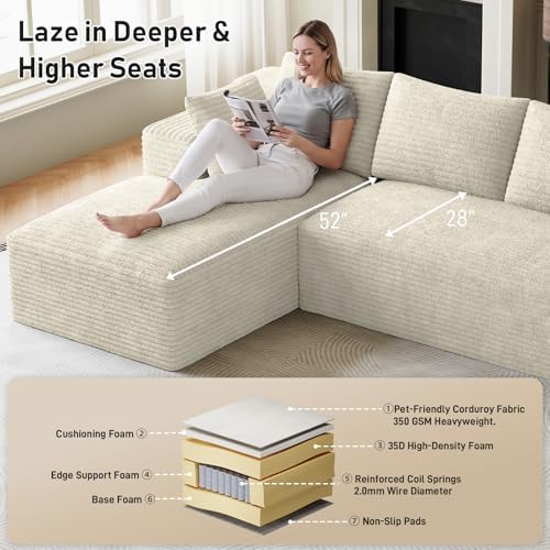 ONEMMLION 96" L-Shaped Cloud Couch Sofa with Chaise, Beige White | Cordu...