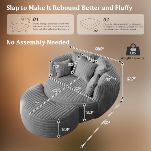 ONEMMLION 50" Oversized Round Chaise Lounge with Ottoman, Corduroy, Grey...