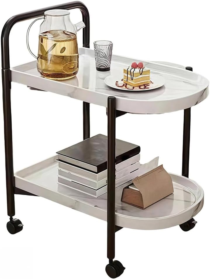 2-Tier Side Table with Handle and Faux Marble Shelves, Couch Movable Bedside ...