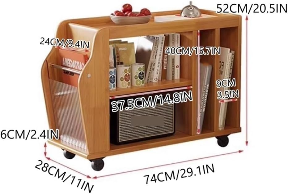 Movable Wood Side Tables with Casters, Rolling Table with Storage, Living Roo...