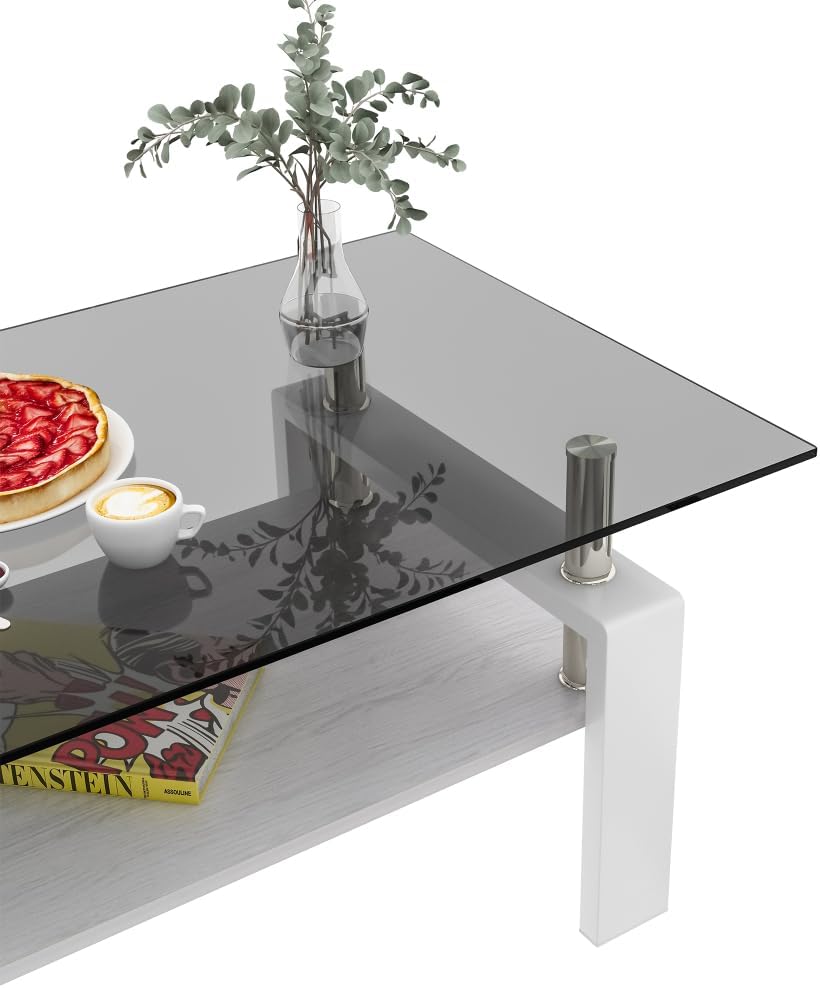 Rectangle Coffee Table, Tempered Glass Tabletop with MDF Layer, Modern Table ...