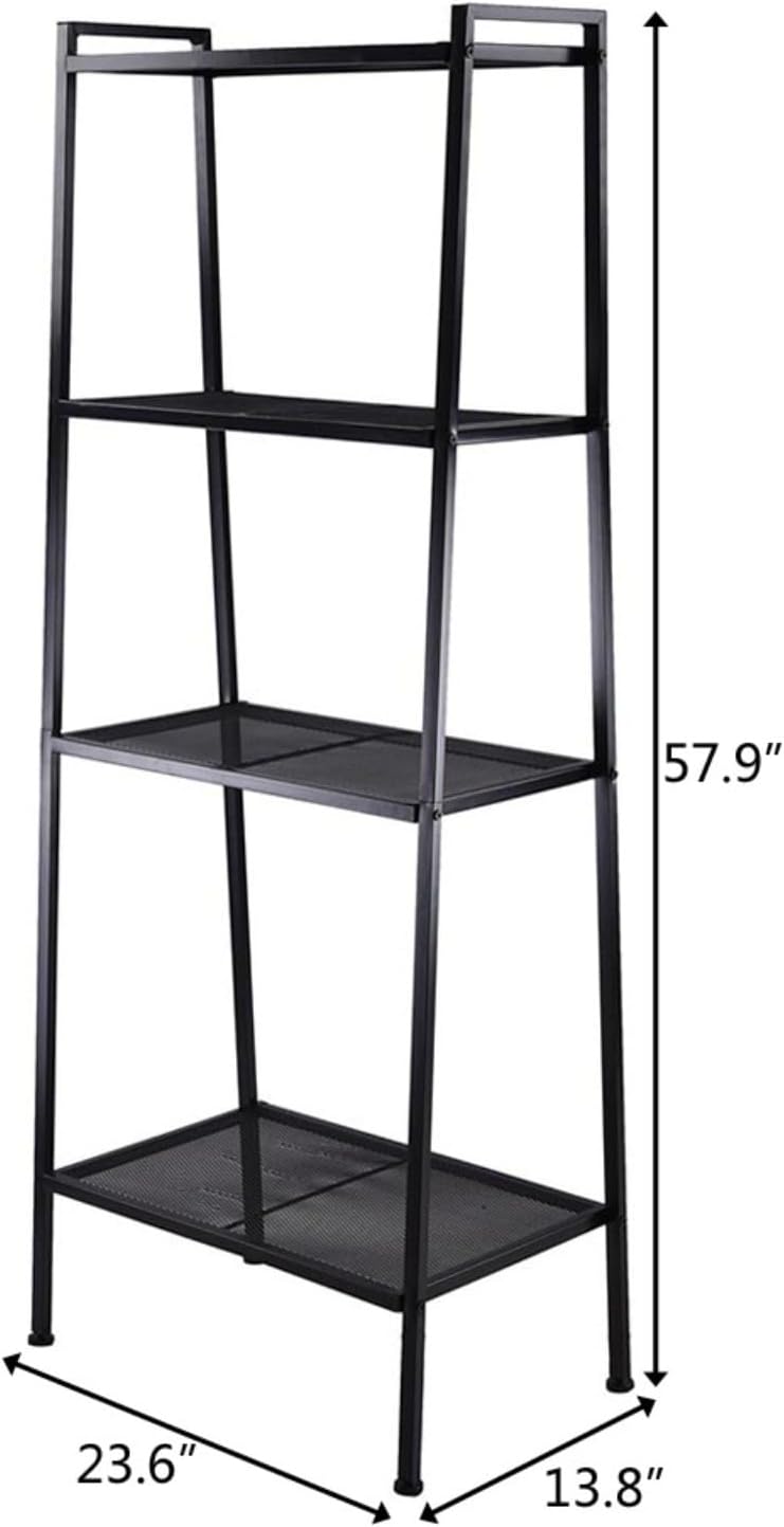 4-Tier Wide Ladder Bookshelf, Black Iron Storage Shelf with Mesh Shelves, Stable Open Display Rack for Living Room, Bedroom, Study and Home Organization