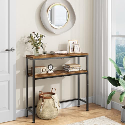 Simple Trending Console Table, 2-Tier Narrow Sofa Table, Rustic Brown | Entry...