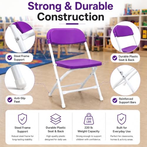 Timmy Kids Plastic Folding Chair, White Kids Chair with Steel Frame, Portable Foldable Child Chair for Classroom, Daycare, Parties & Events, 220 lb Capacity (2, Purple)