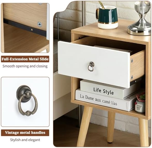 Mid-Century Modern Nightstand with Drawer and Open Shelf, Bedside Table with ...