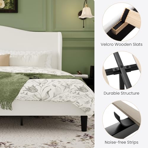 HA CERLIN King Size Bed Frame with Curved Wingback Headboard,Soft White