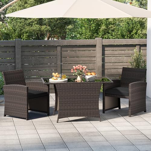 Tangkula 3 Piece Patio Wicker Dining Set, 2 Rattan Chairs with Rectangle Temp...