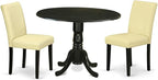 East West Furniture DLAB3-BLK-73 3 Piece Kitchen Table Set Contains a Round Dining Table with Dropleaf and 2 Eggnog Faux Leather Parson Dining Room Chairs, 42x42 Inch, Black