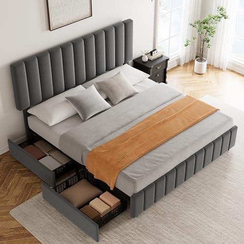 Garvee King Size Bed Frame, Linen Bedframe with 4 Storage Drawers, Grey