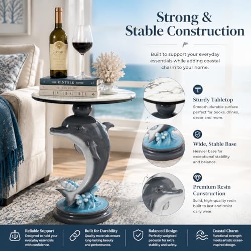 Luxury Dolphin Side Table, White Faux Marble Top Accent End Table, Decorative Animal Sculpture Furniture for Living Room, Bedroom, Entryway Home Decor