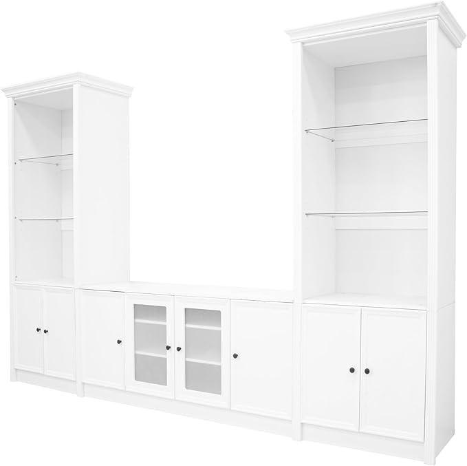 128.2" W Wall Unit Entertainment Center with Bookshelves for TVs up to 80", Multifunctional TV Stand Media Console with Tempered Glass Cabinets and Adjustable Shelves for Living Room (White-1.28)