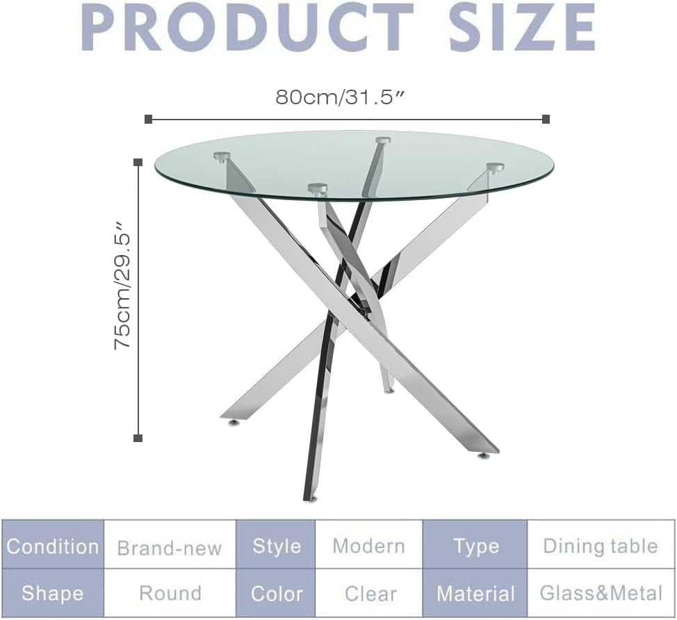 31.5" Round Glass Dining Table for 2-4, Tempered Glass Kitchen Tabletop with Chrome Legs, Clear Modern Small Circle Table for Apartment, Dining Room (Silver)