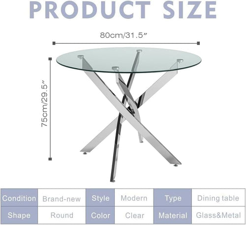 31.5" Round Glass Dining Table for 2-4, Tempered Glass Kitchen Tabletop with Chrome Legs, Clear Modern Small Circle Table for Apartment, Dining Room (Silver)