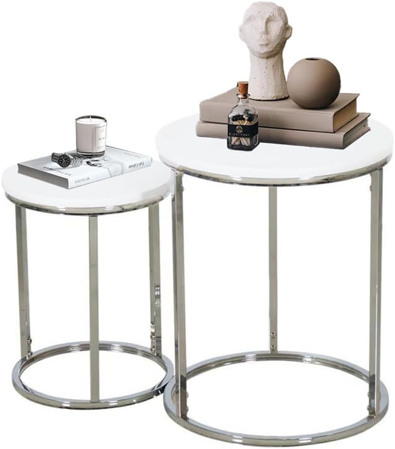 Nesting Coffee Table Set of 2 White Silver | Round Stacking Side Tables for S...