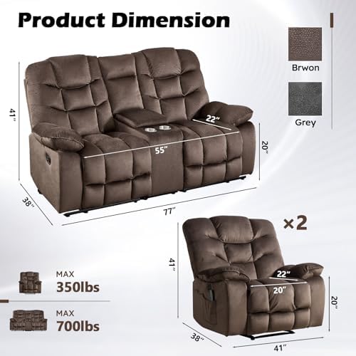 HAOMARKETS 3 Pieces Recliner Sofa Furniture Set, Include 2 Power Recliner Cha...