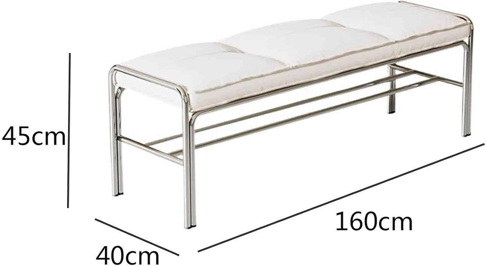 Modern Stainless Steel Long Bench with White Leather Cushion Home-use Soft-Pa...