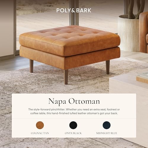 Poly & BARK Napa Ottoman - Full-Grain Leather Upholstered Ottoman with Fe...
