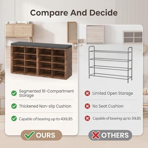 Shoe Rack Bench, Shoe Storage Bench with Cushion, Shoe Organizer 16 Cubbies f...