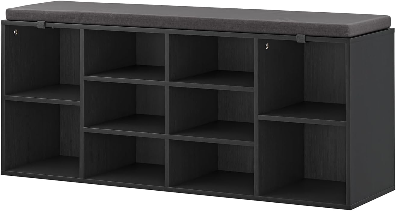 NUNU LAB Shoe Storage Bench, Shoe Bench with Removable Cushion 10 Cubbies, Space Saving Shoe Rack, 41 x 12 x 16.75 Inches, Black