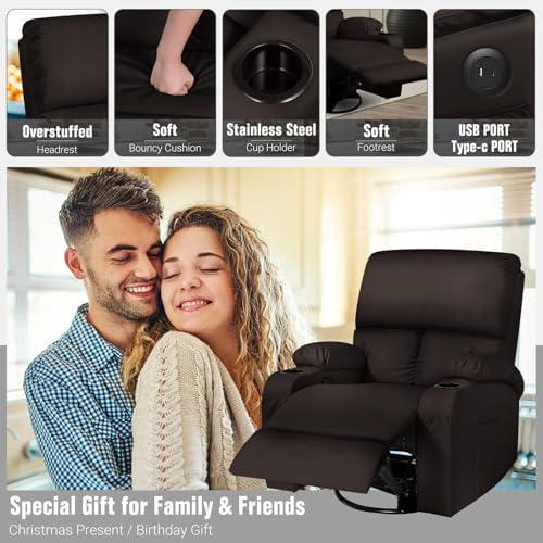 Rocking Recliner Chair, Massage Rocker Recliner Chair with Vibration Massage and Heat, USB and Type-C Ports,360° Swivel Faux Leather Chairs, Living Room, Bedroom, Nursery, RV, Brown