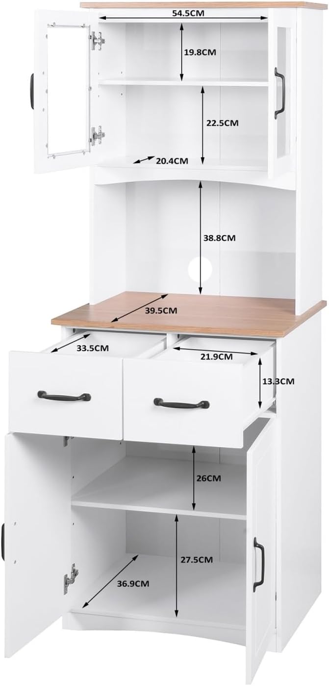 Kitchen Cabinet White Pantry Room Storage Microwave Cabinet with Framed Glass...