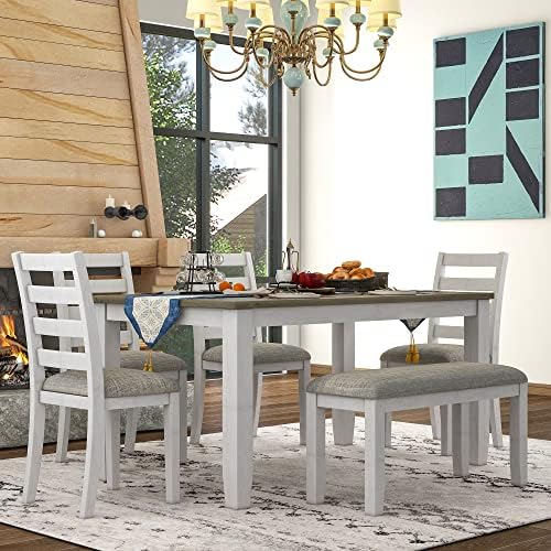 LUMISOL Farmhouse 6 Piece Dining Table Set with Bench, Brown+Whitewash