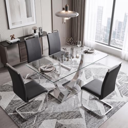 Glass Dining Table Set for 4, 63" Modern Dining Table Set for 4