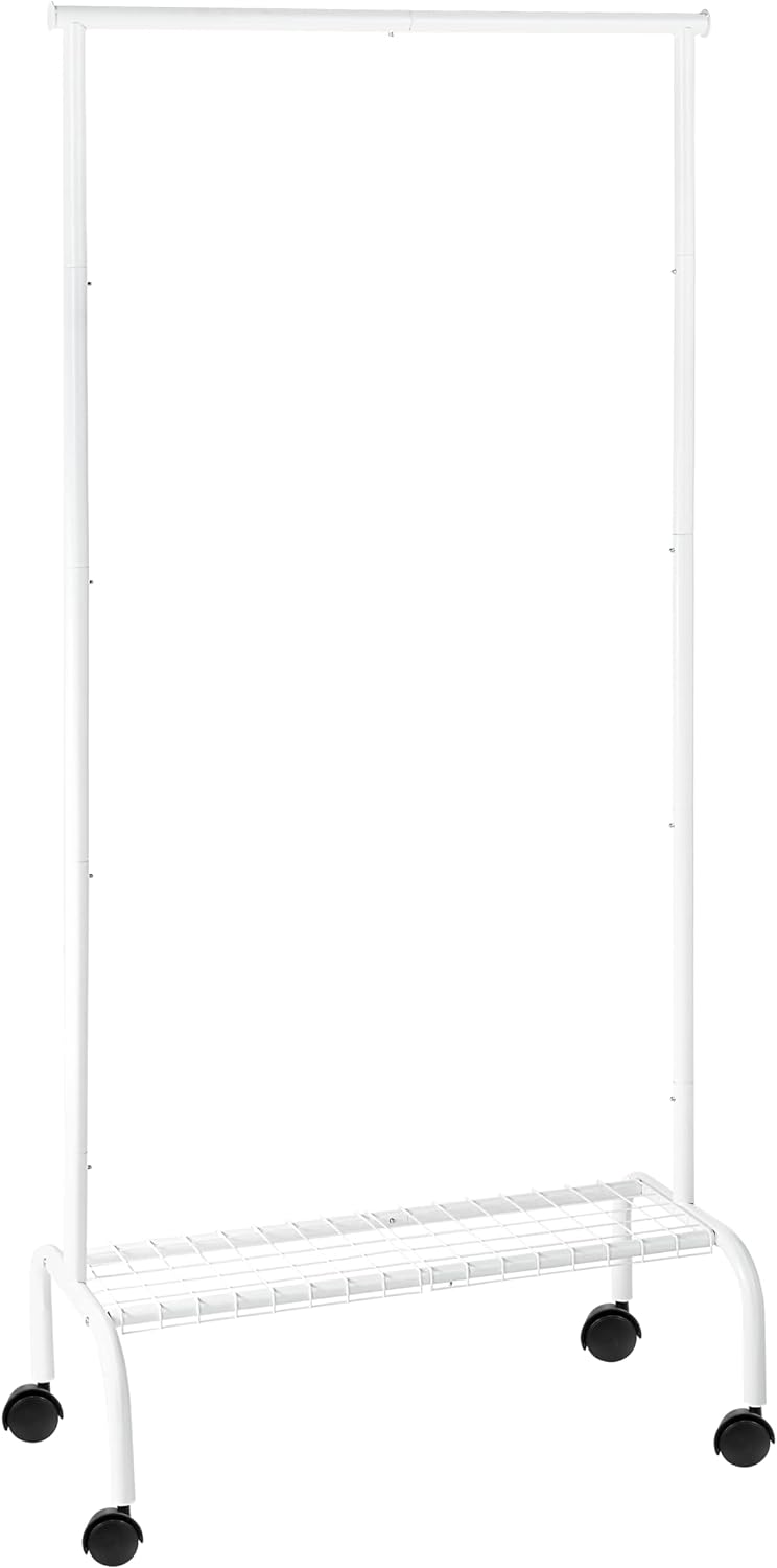 SunnyPoint Rolling Garment Rack with Shelf – Heavy-Duty Metal Clothing Rack on Wheels, 64.9” Tall Clothes Organizer with Bottom Storage, White