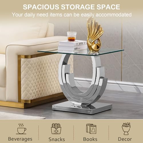 Glass End Table, 22.83" Square Side Table with Tempered Glass Top and Si...