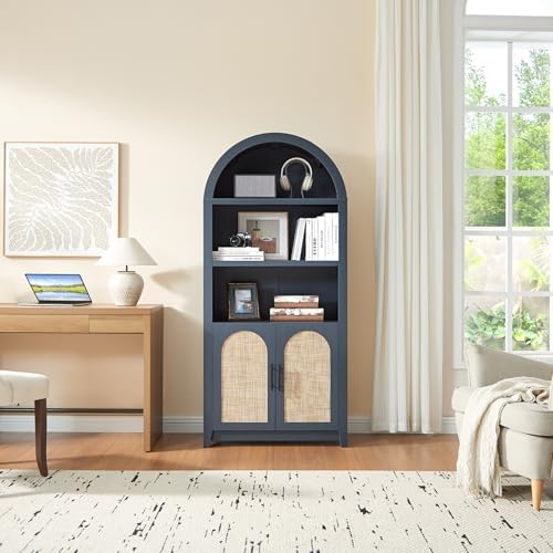 RowyPoey Rattan Arched Cabinet Bookshelf - 69.3” Tall Mid Century Display Cab...