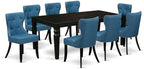 East West Furniture LGSI9-BLK-21 9 Piece Dining Table Set Includes a Rectangle Dining Room Table with Butterfly Leaf and 8 Blue Linen Fabric Upholstered Chairs, 42x84 Inch, Black